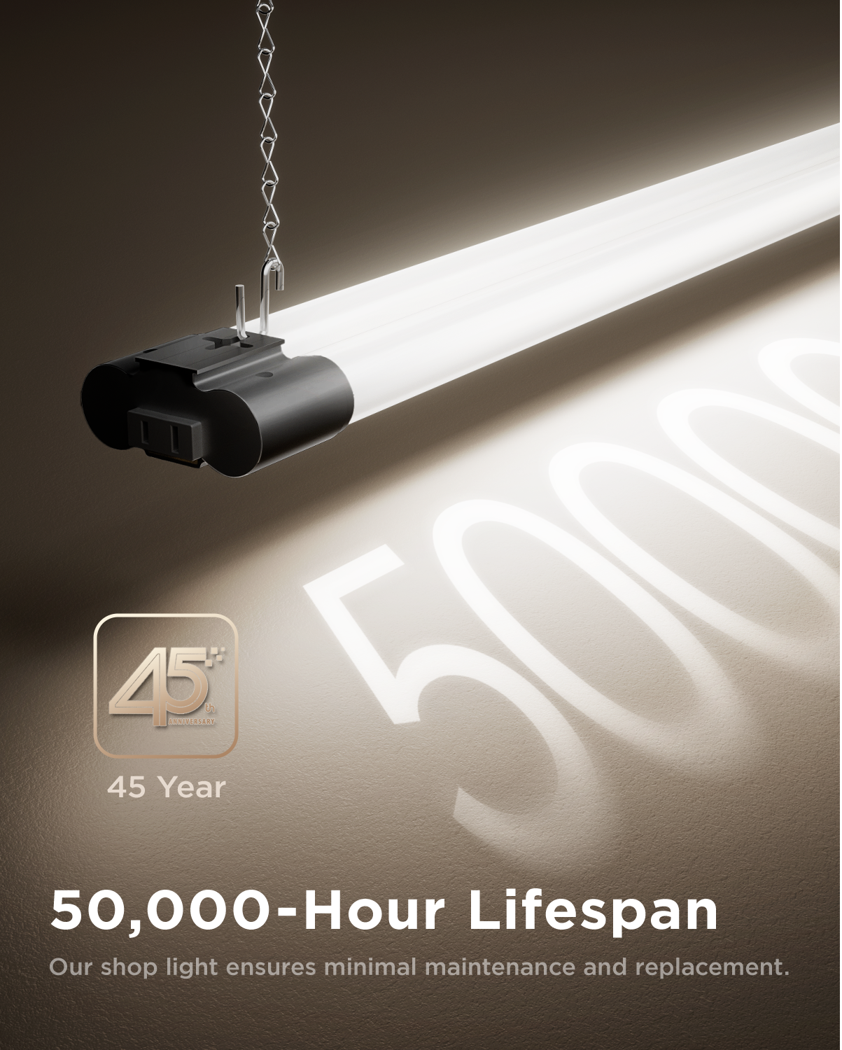 Suspended black LED shop light casting 50,000-hour glow; 45-year graphic highlights long-lasting performance.