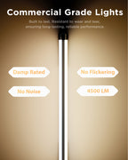  Vertical black LED shop light with warm wall glow; damp rated, no flickering, no noise, and 4500LM callouts.