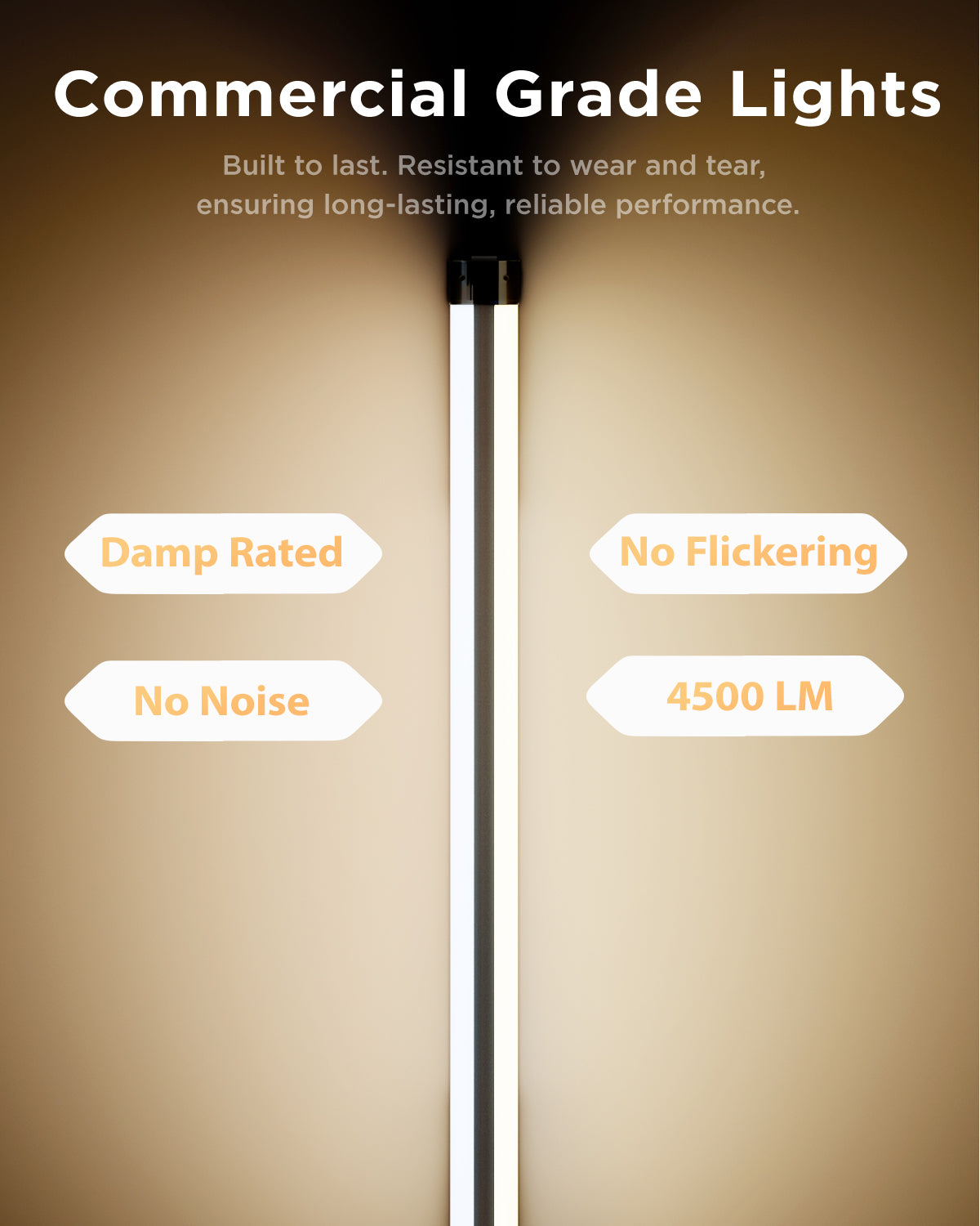  Vertical black LED shop light with warm wall glow; damp rated, no flickering, no noise, and 4500LM callouts.