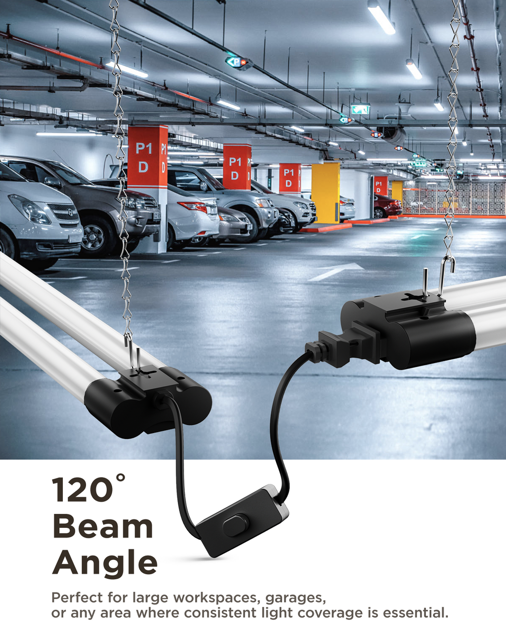 Hanging LED shop lights brighten parking garage; 120° beam angle for large workspaces and consistent coverage.