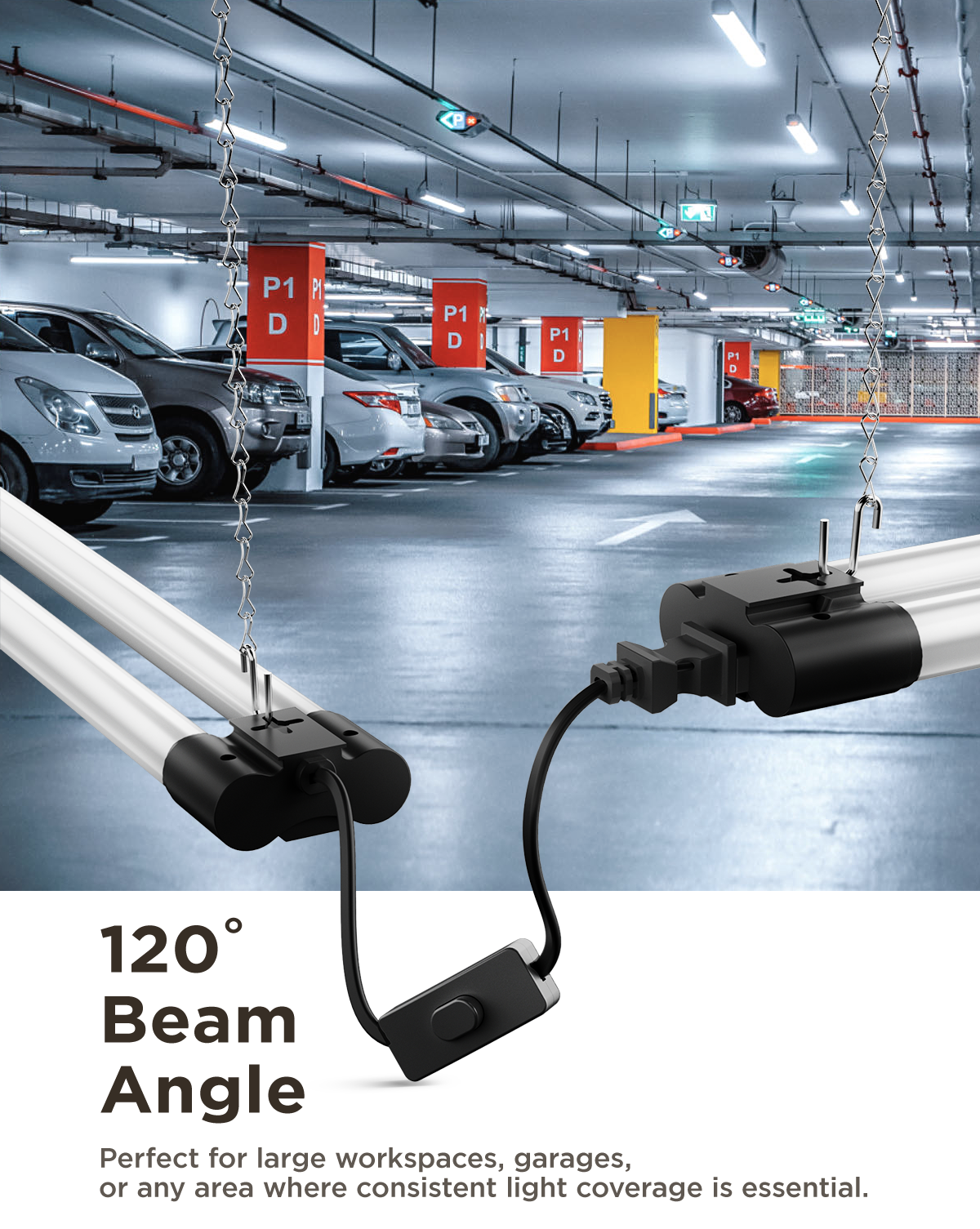 Hanging LED shop lights brighten parking garage; 120° beam angle for large workspaces and consistent coverage.