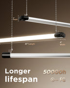 Suspended black LED shop lights with 47" length, 4" width, 2" height, 50,000h lifetime, UL and FCC icons.
