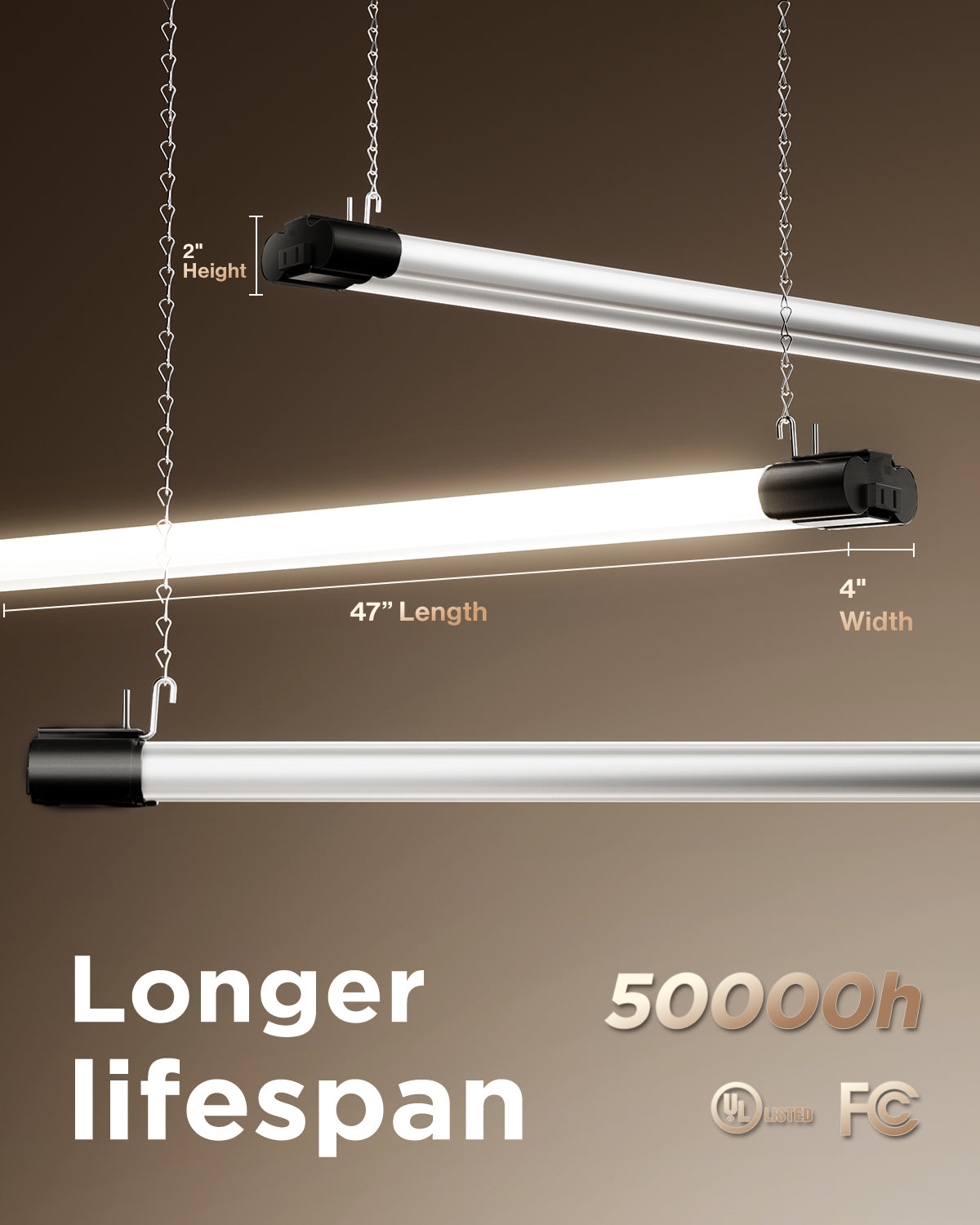 Suspended black LED shop lights with 47" length, 4" width, 2" height, 50,000h lifetime, UL and FCC icons.