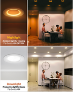 Nightlight and downlight modes shown in a dining room with ambient amber light and bright task lighting
