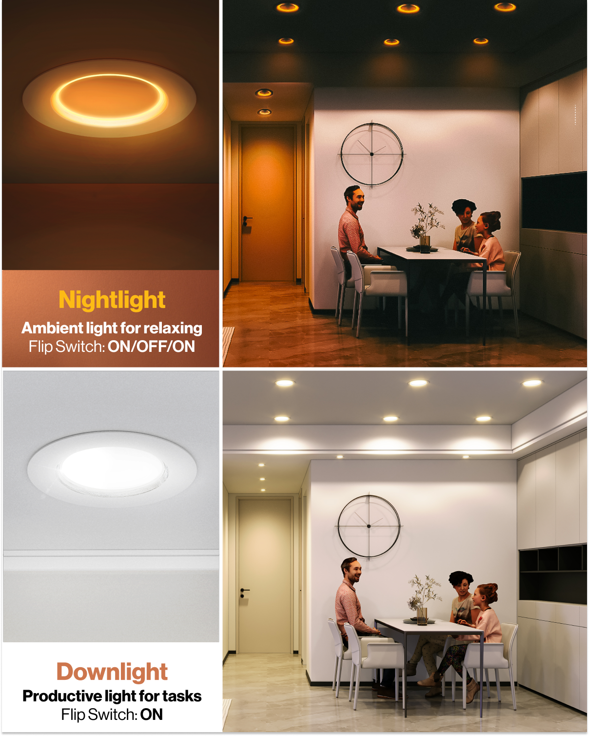 Nightlight and downlight modes shown in a dining room with ambient amber light and bright task lighting