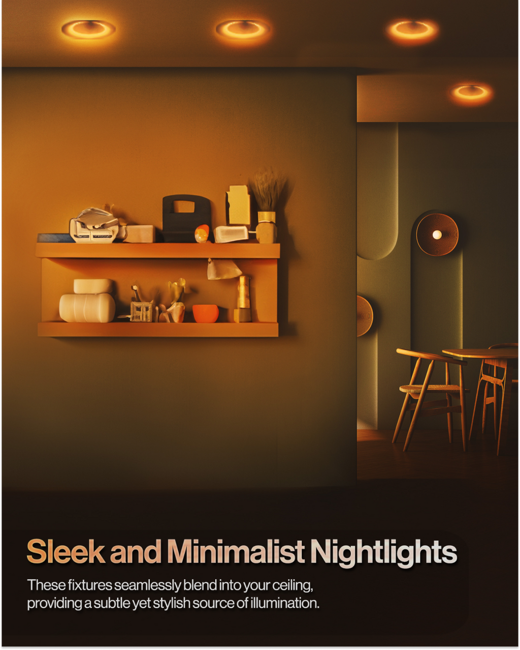 Warm amber nightlights blending into a ceiling for soft, minimalist ambient illumination.