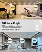 Selectable 6 inch retrofit lights in living and bedroom spaces with 2700K to 6000K color temperature options.