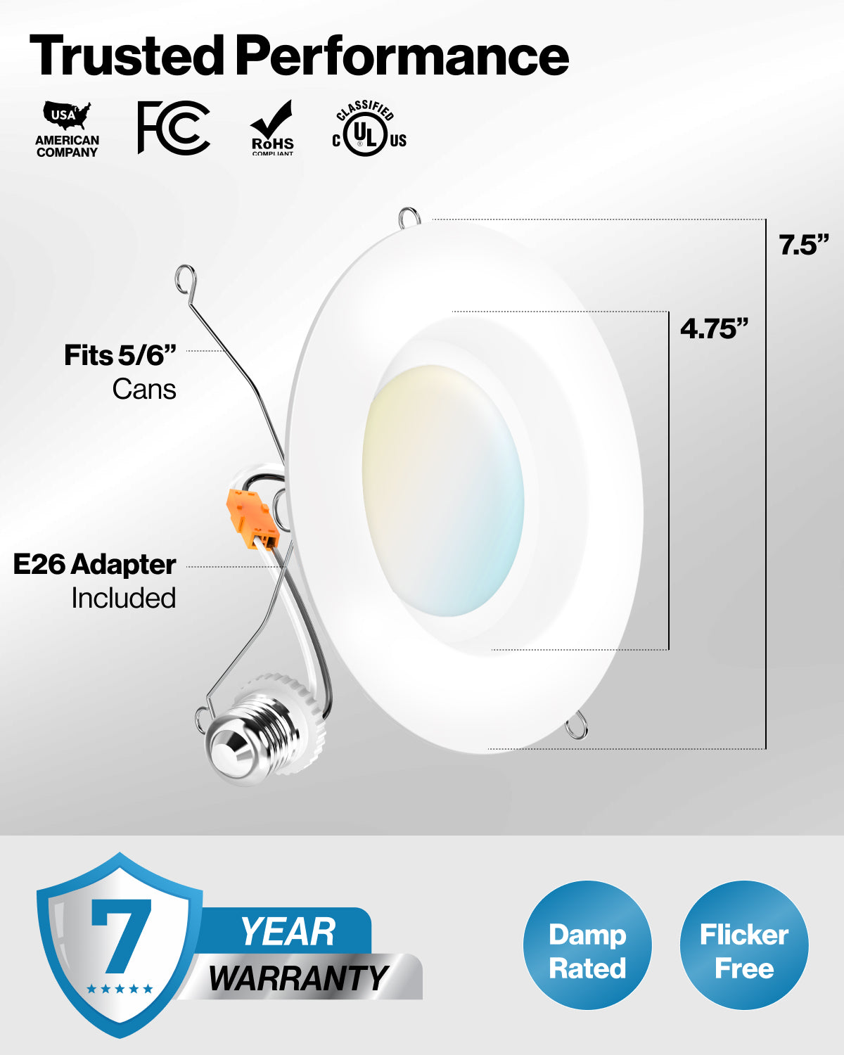 Recessed LED Retrofit Lighting, 5/6 Inch, Smooth, Selectable CCT, 965 Lumens