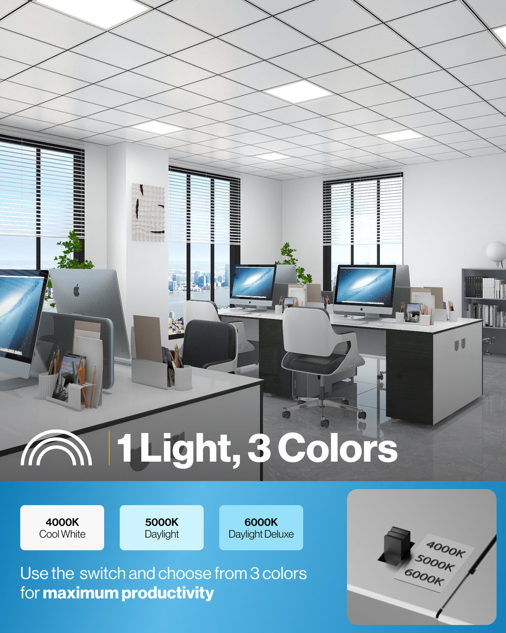 LED Ceiling Panel Light, 40W, 2x2, Selectable CCT, 4400 Lumens