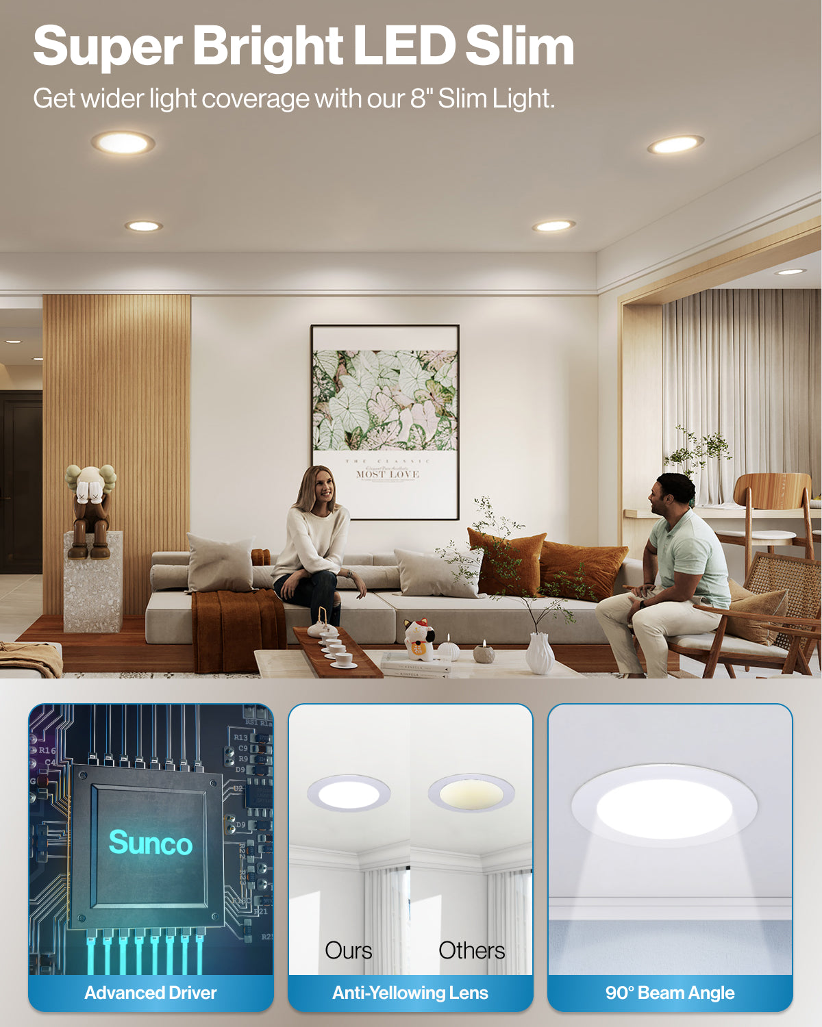 Recessed LED Lighting, 8 Inch, Slim, Wafer Thin, Selectable CCT, 1350 Lumens