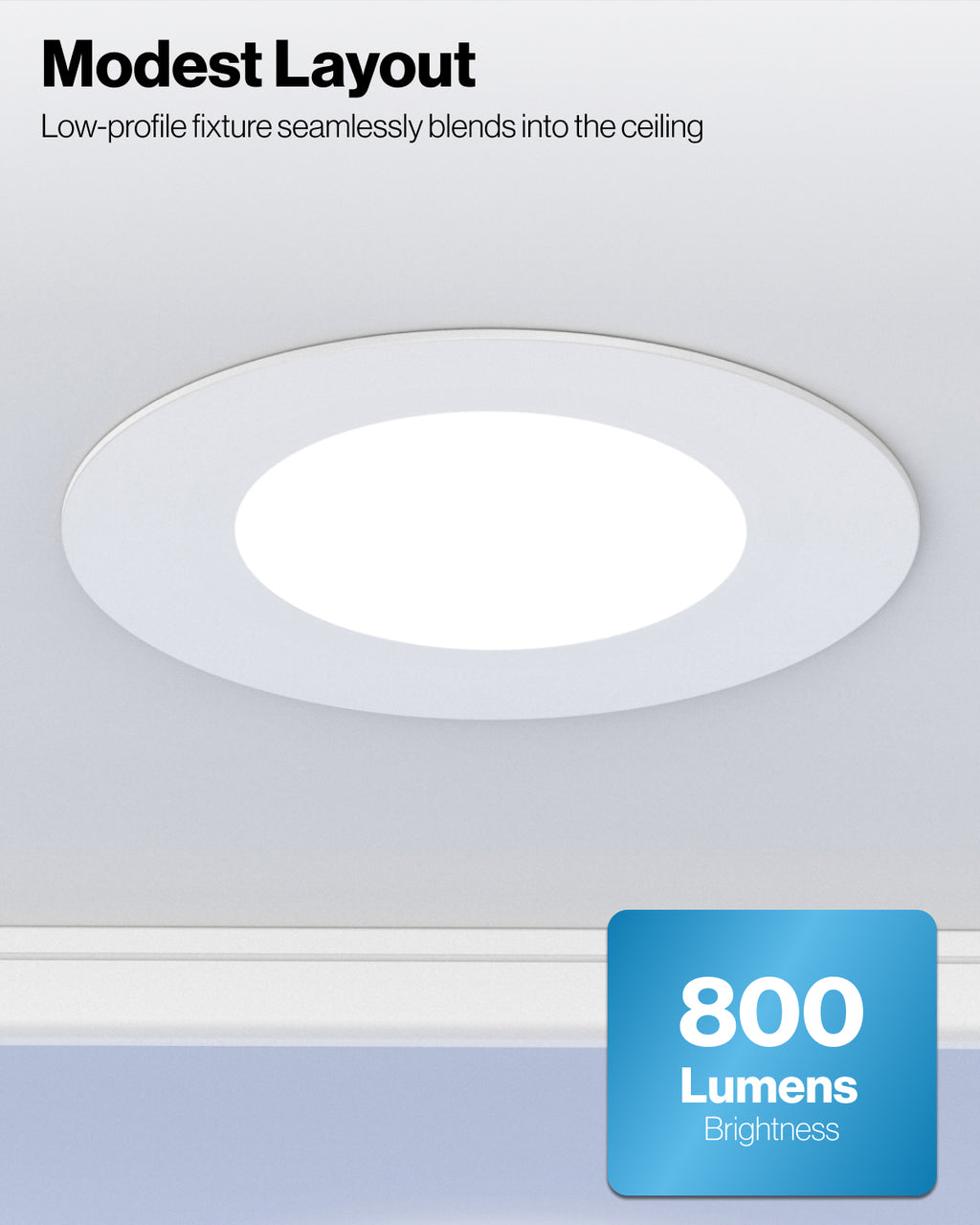 Round flush ceiling light turned on with “Modest Layout” header and an “800 Lumens” badge