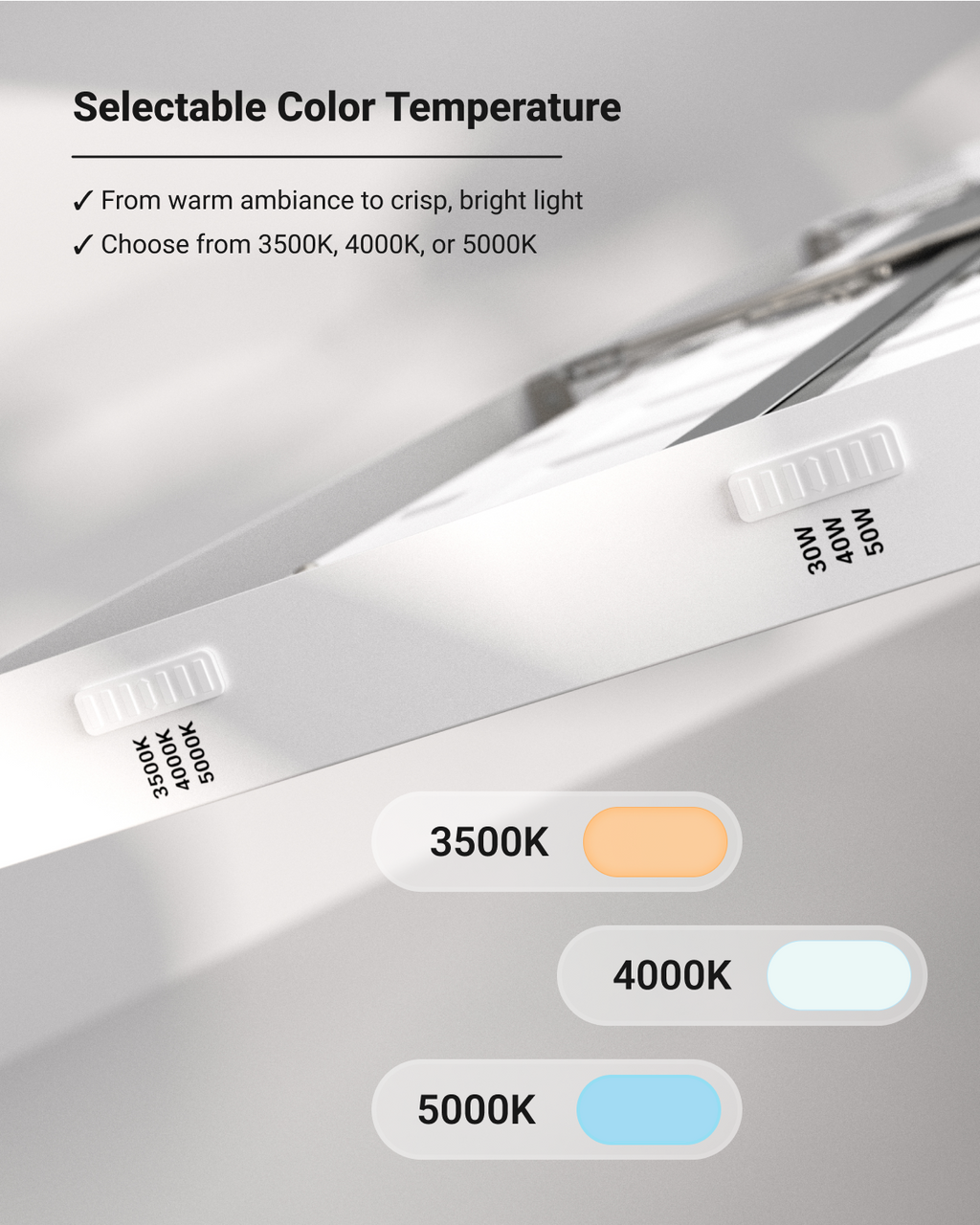LED Ceiling Panel Light, 50W/40W/30W, 1x4, Selectable CCT, 5700 Lumens