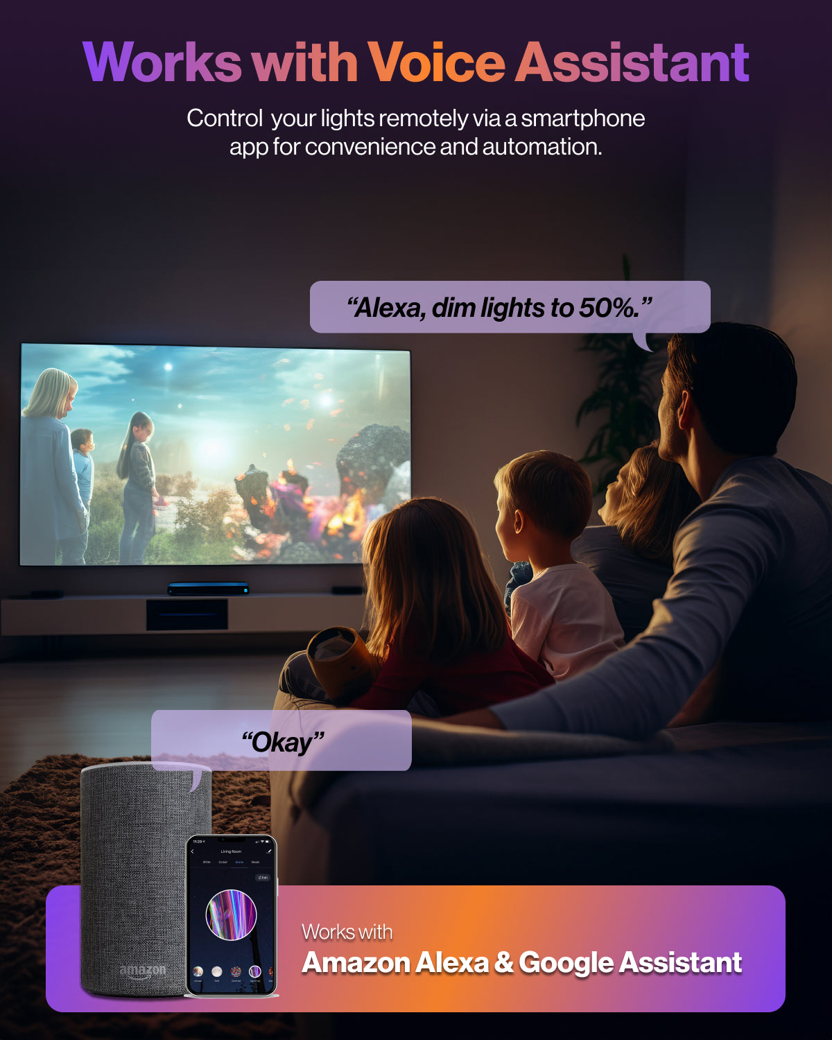  Connect to Amazon Alexa or Google Assistant for voice control to dim, turn on/off or change colors.