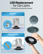 Installation guide shows black retrofit downlight connecting by E26 base or TP24 connector in recessed cans.