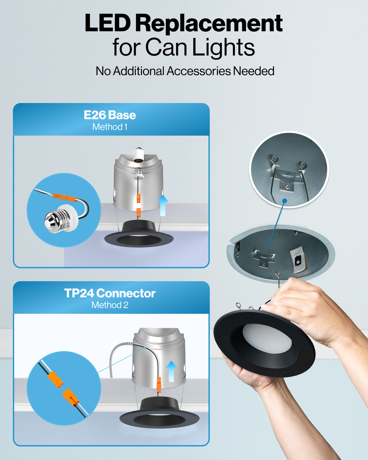 Installation guide shows black retrofit downlight connecting by E26 base or TP24 connector in recessed cans.