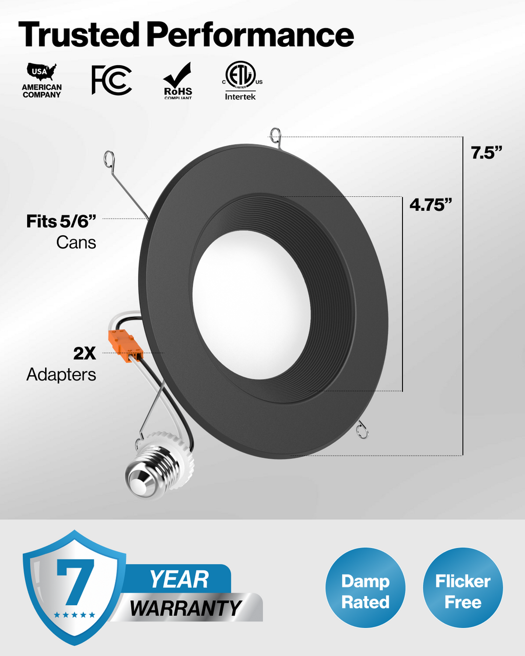 Black retrofit downlight with E26 adapter, 7.5-inch trim, 4.75-inch opening, 7-year warranty, damp rating.
