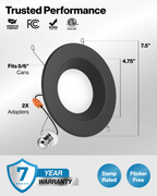 Black retrofit downlight with E26 adapter, 7.5-inch trim, 4.75-inch opening, 7-year warranty, damp rating.
