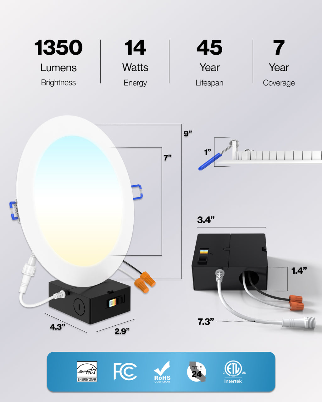 Recessed LED Lighting, 8 Inch, Slim, Wafer Thin, Selectable CCT, 1350 Lumens