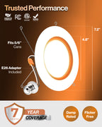 6 inch retrofit nightlight with E26 adapter, 7.2 inch trim, 4.8 inch lens, 7 year coverage, damp rating, and flicker free light.