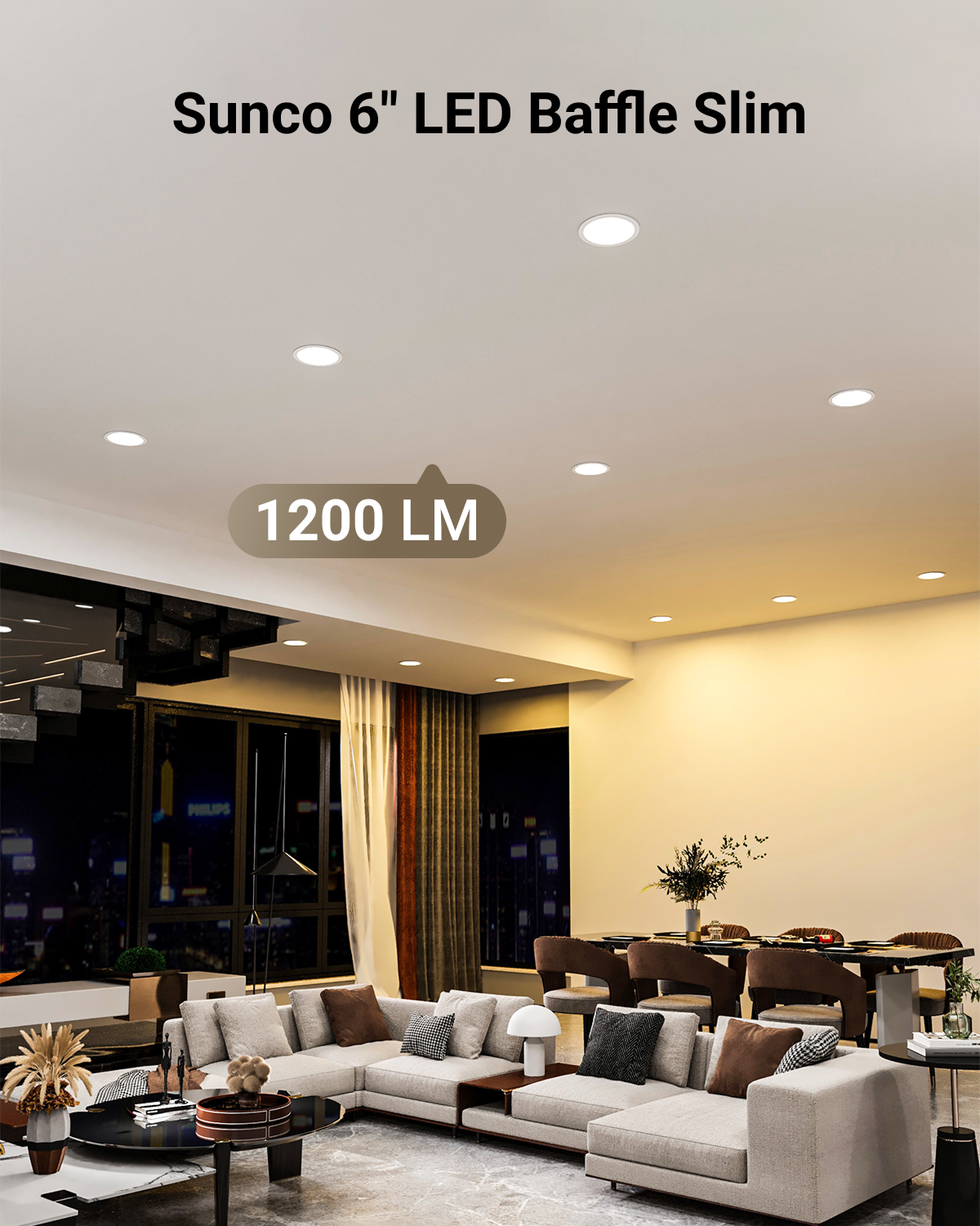 Recessed LED Lighting, 6 Inch, Slim, Baffle Trim, Selectable CCT, 1200 Lumens