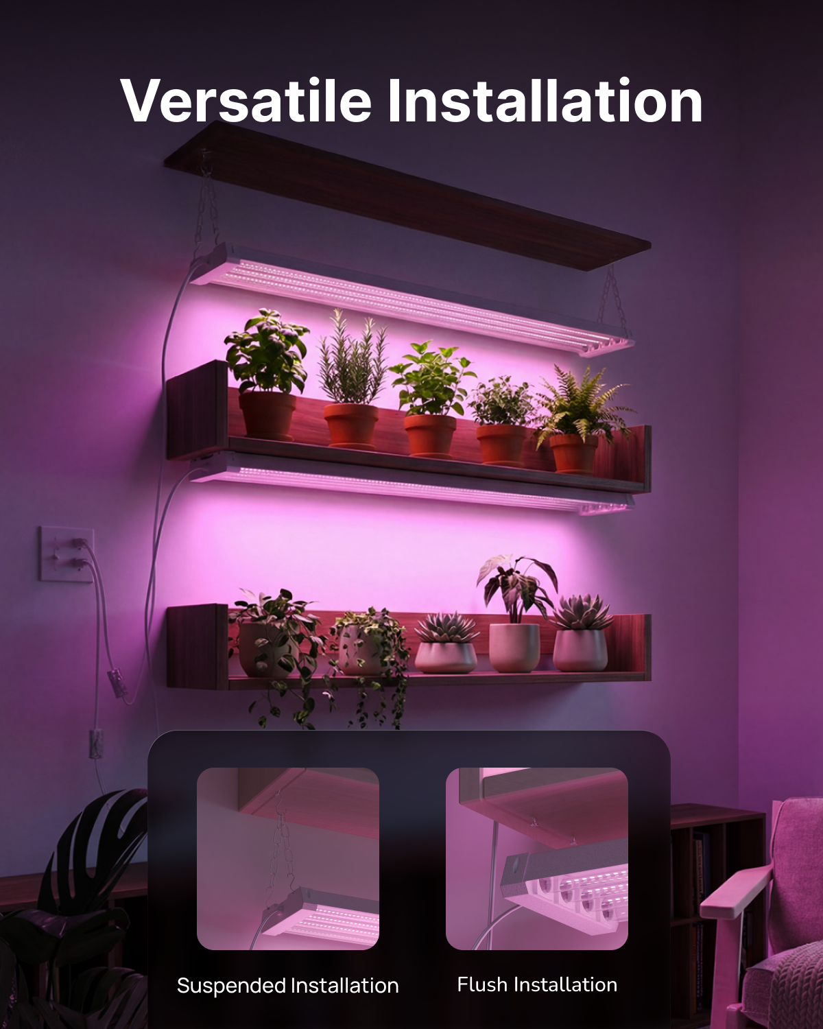 How to Choose the Right Grow Light for Growing Plants Indoors 3 Sunco grow lights above plants on a shelf