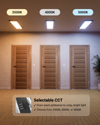 Three ceiling panels over wood doors compare 3500K, 4000K, and 5000K selectable color temperatures.
