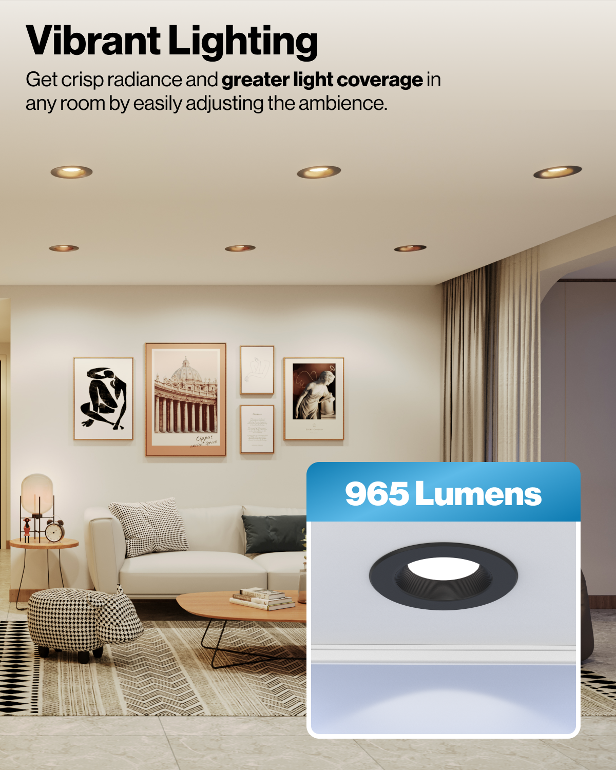 Warm living room with black recessed lights and 965-lumen brightness callout for vibrant coverage.