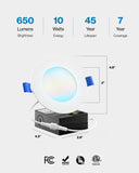 Recessed LED Lighting, 4 Inch, Slim, Selectable CCT, 650 Lumens