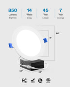 Recessed LED Lighting, 6 Inch, Slim, Wafer Thin, Smooth Trim, 850 Lumens