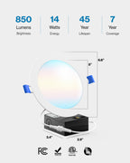 Recessed LED Lighting, 6 Inch, Slim, Selectable CCT, 1200 Lumens