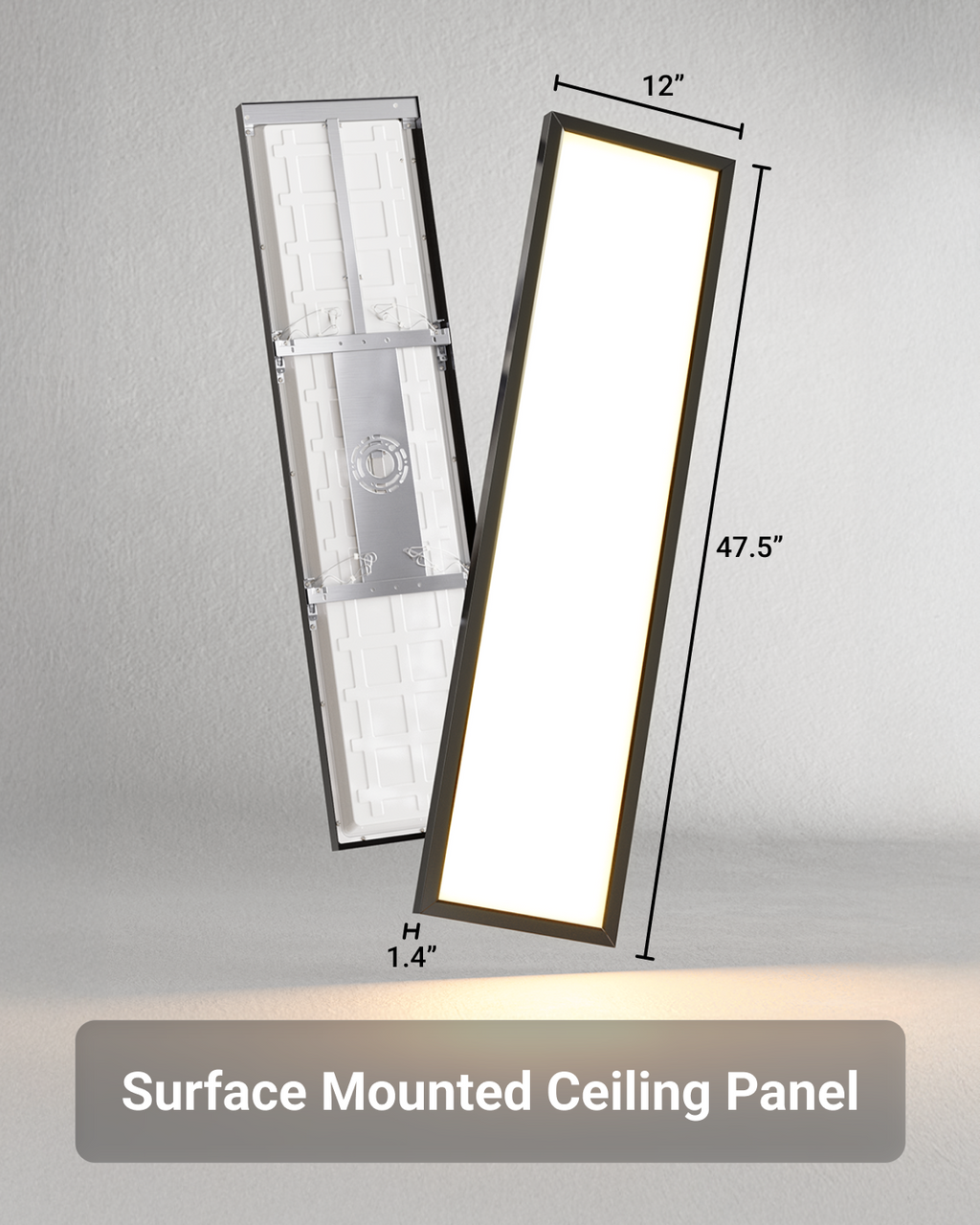 Black 1x4 surface mount panel with rear hardware view; 12-inch width, 47.5-inch length, and 1.4-inch height.
