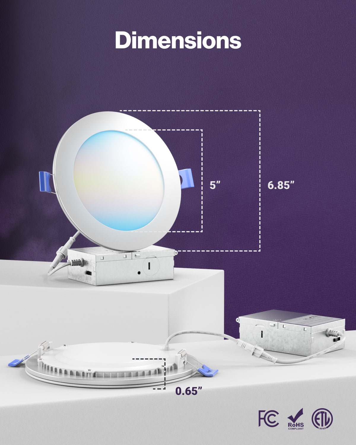 Recessed LED Lighting, 6 Inch, Smart Night Light Slim, Wafer Thin, Smooth Trim, Selectable CCT, 1100 Lumens