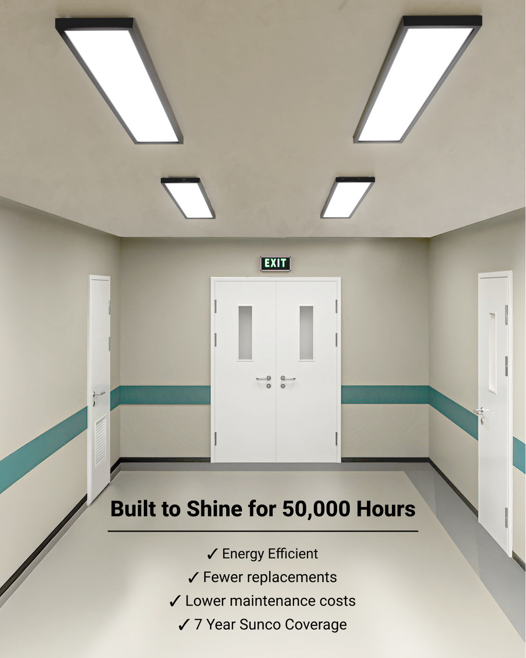 Four black LED panels illuminate a hallway; 50,000-hour life, energy efficiency, low maintenance, and 7-year coverage.