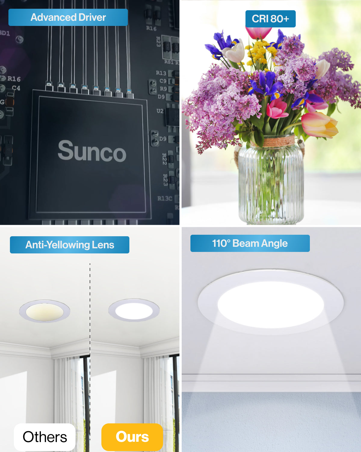 Recessed LED Lighting, 4 Inch, High Lumen Slim, Wafer Thin, Smooth Trim, Selectable CCT, 800 Lumens