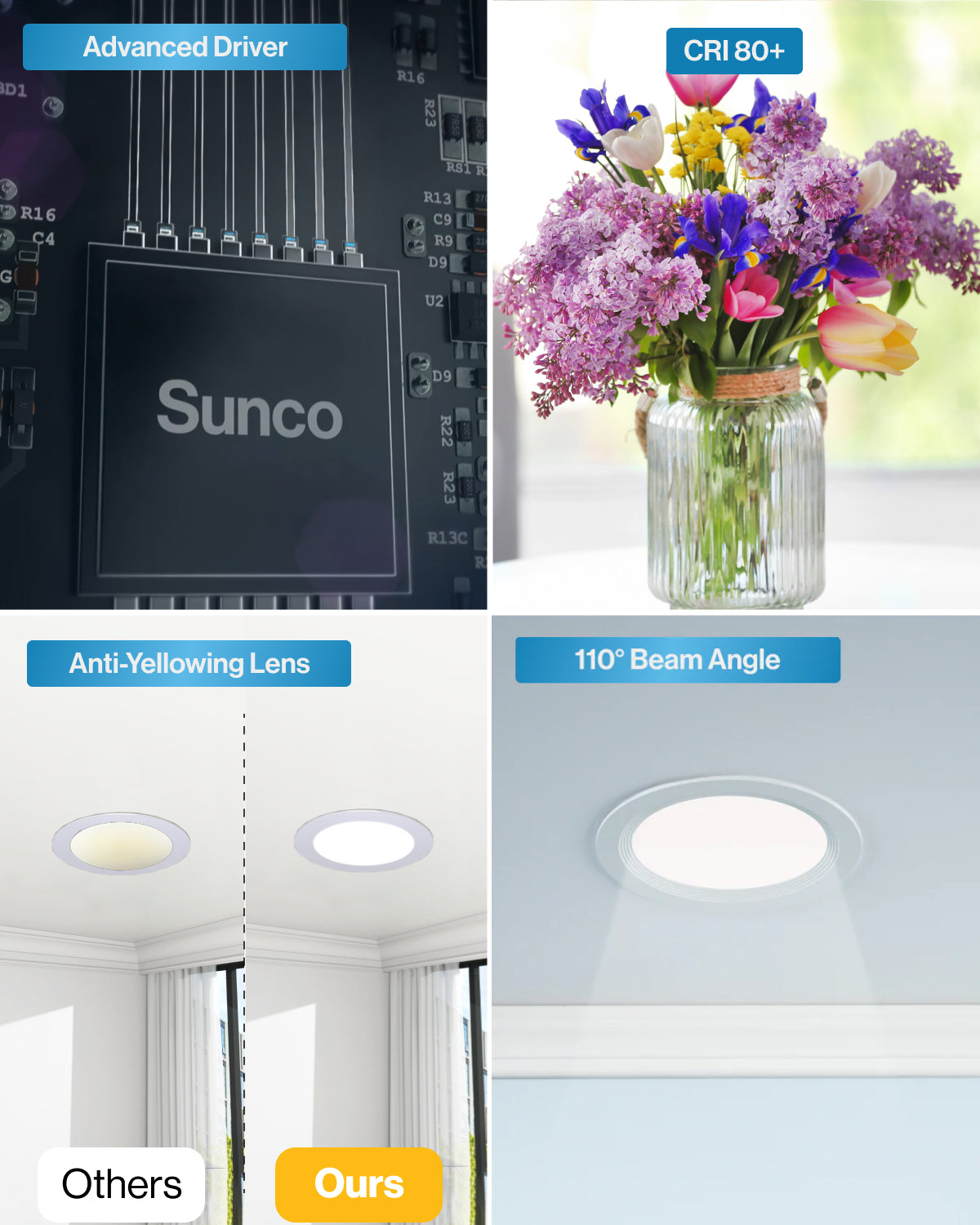 Recessed LED Lighting, 4 Inch, Slim, Baffle Trim, Selectable CCT, 650 Lumens