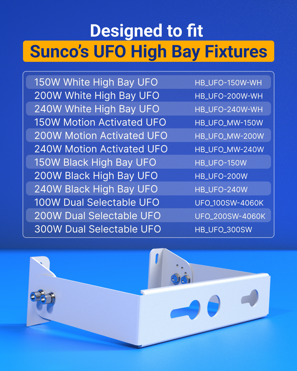 The bracket is compatible with the following UFO High Bay Fixtures by Sunco.