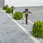Brass Landscape Pathway Light, Smooth Small Hooded, Low Voltage, Plastic Spike Included