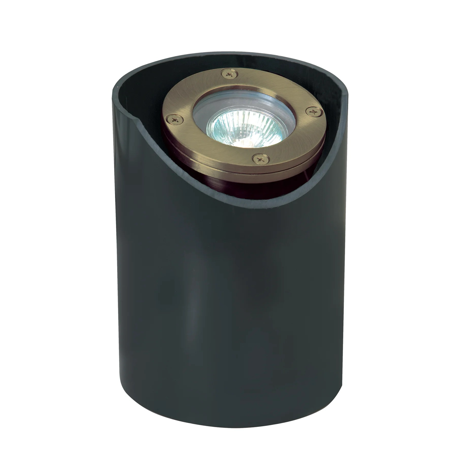 A modern cylindrical outdoor in-ground well light fixture with a matte black body and a circular brass-toned metal top housing a clear light source, shown on a plain white background.