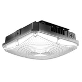 The LED Canopy Light is designed to be mounted on ceilings, providing illumination for areas such as parking lots, shopping areas, and more. Its die-cast aluminum housing contains these features, providing durability and heat dissipation and making it a perfect choice for outdoor applications.