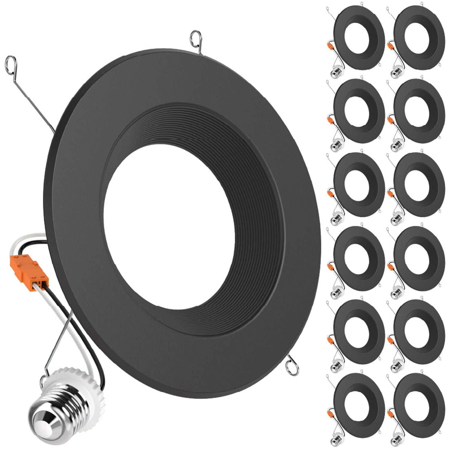  Large hero black retrofit downlight plus 12 smaller duplicates along the right side with E26 adapters.