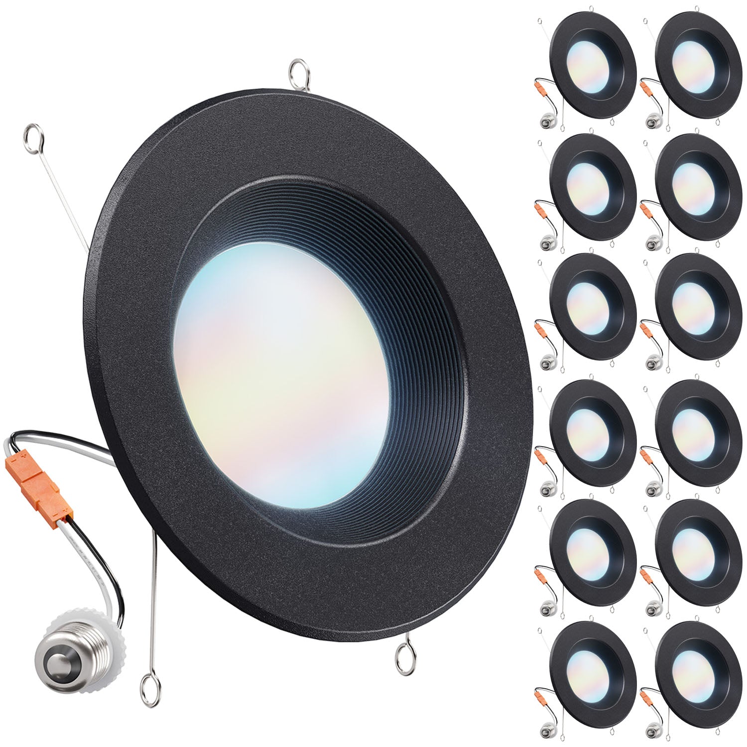 Large hero glowing black retrofit downlight plus 12 smaller duplicates along the right side.
