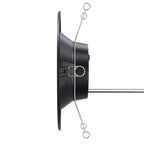 Slim side view of black retrofit downlight with extended spring clips and rear wiring connection.

