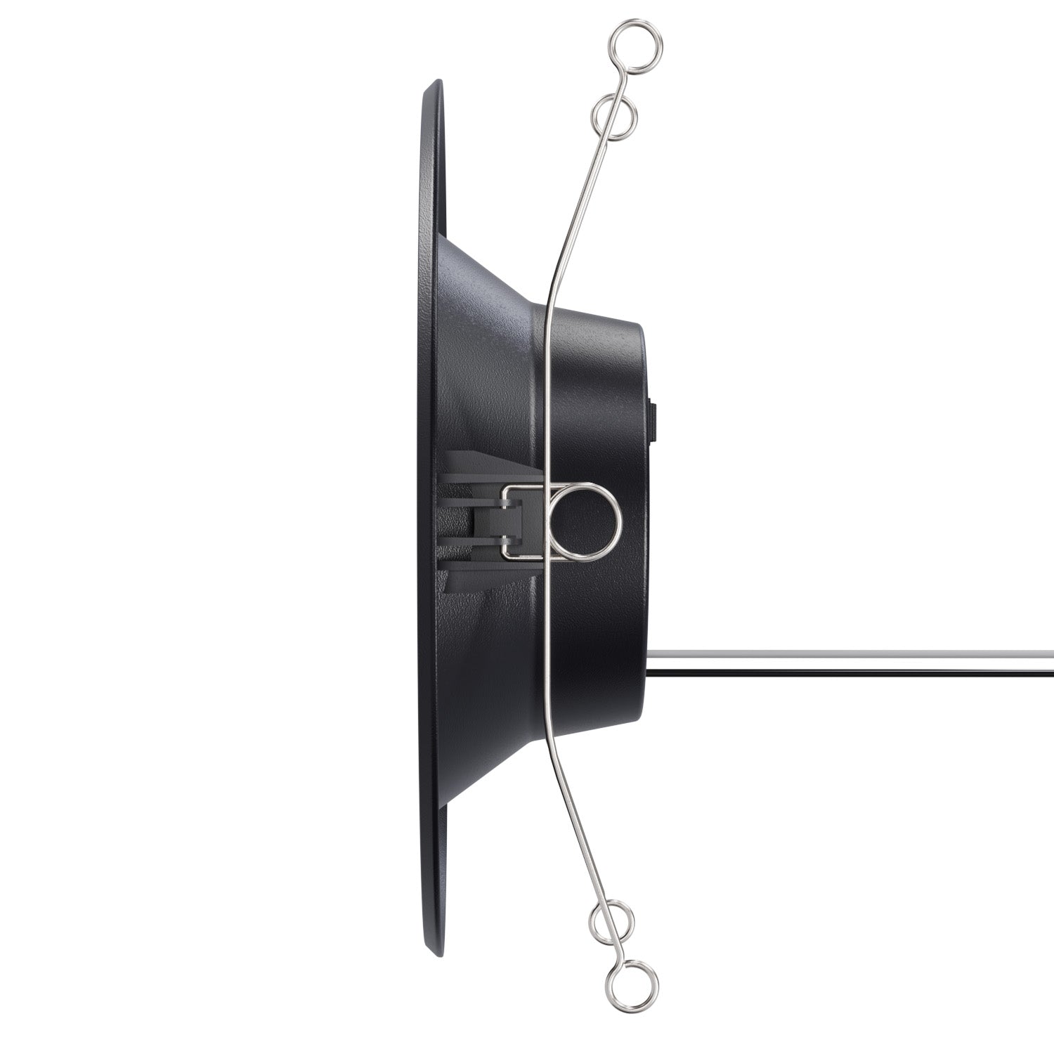 Slim side view of black retrofit downlight with extended spring clips and rear wiring connection.
