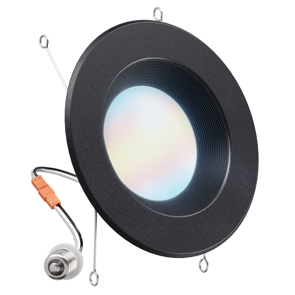Black baffle retrofit downlight with frosted lens, spring clips, orange connector, and E26 adapter.