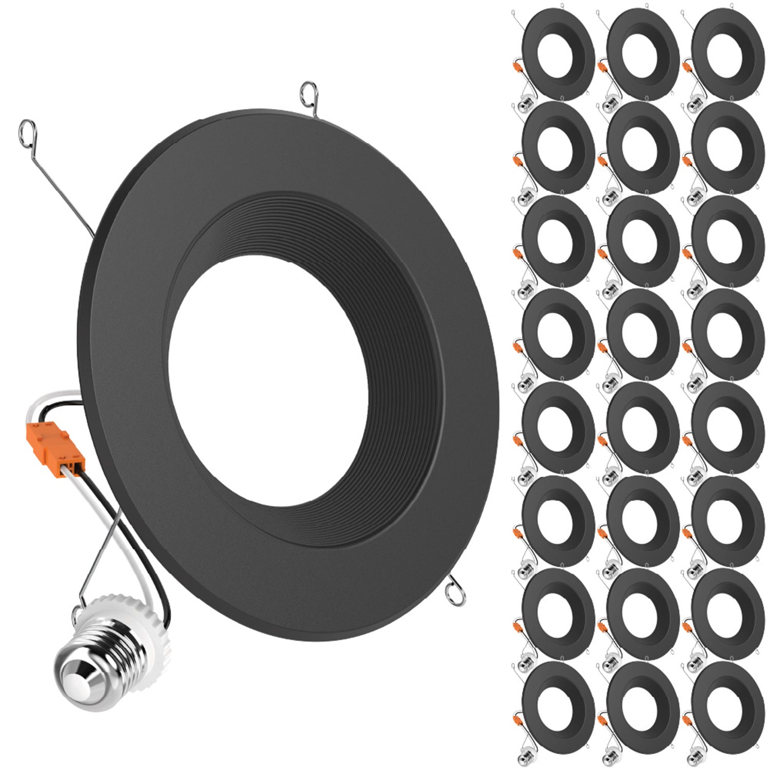 Large hero black retrofit downlight plus 24 smaller duplicates along the right side with E26 adapters.