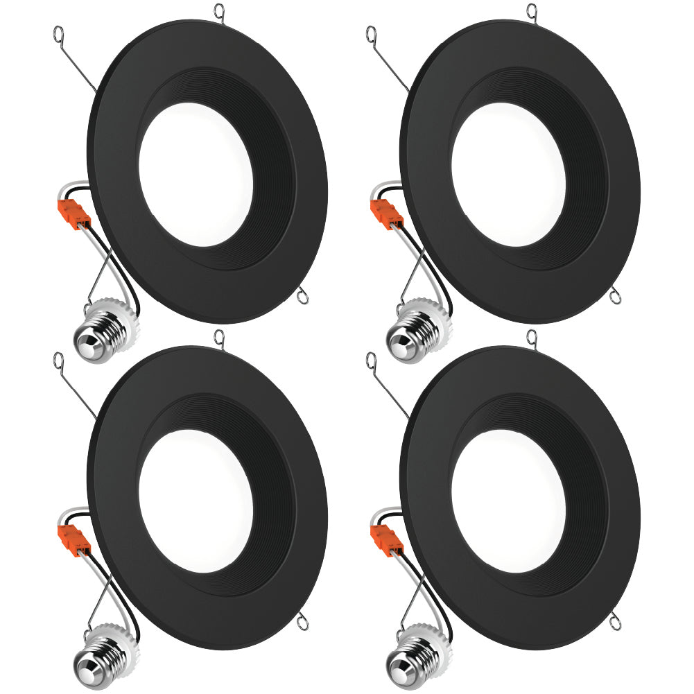 Four black baffle retrofit downlights with spring clips, orange connectors, and E26 adapters on white background.