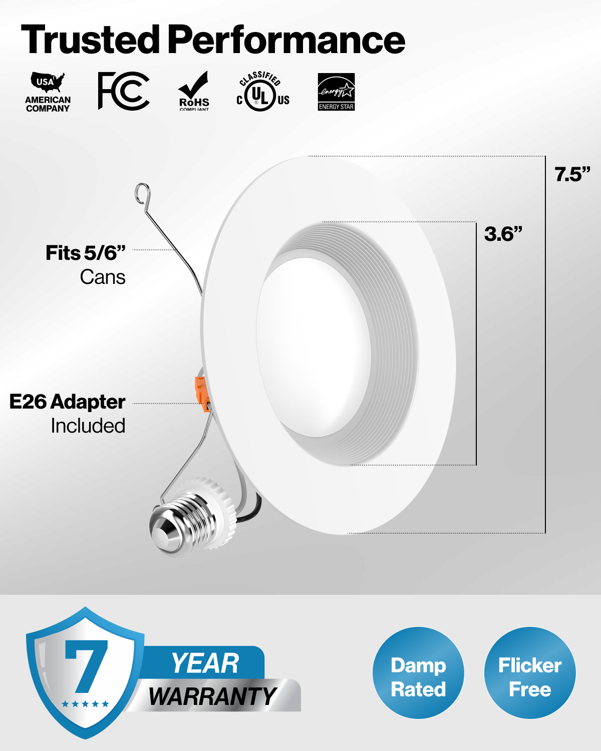 Trusted performance graphic for 5/6 inch baffle retrofit light with E26 adapter, 7.5 inch trim, and 7-year warranty.