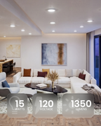 Bright kitchen ceiling with many disk lights. Overlay highlights 1050 lumens, 110 degree beam angle, and 15 wattage.