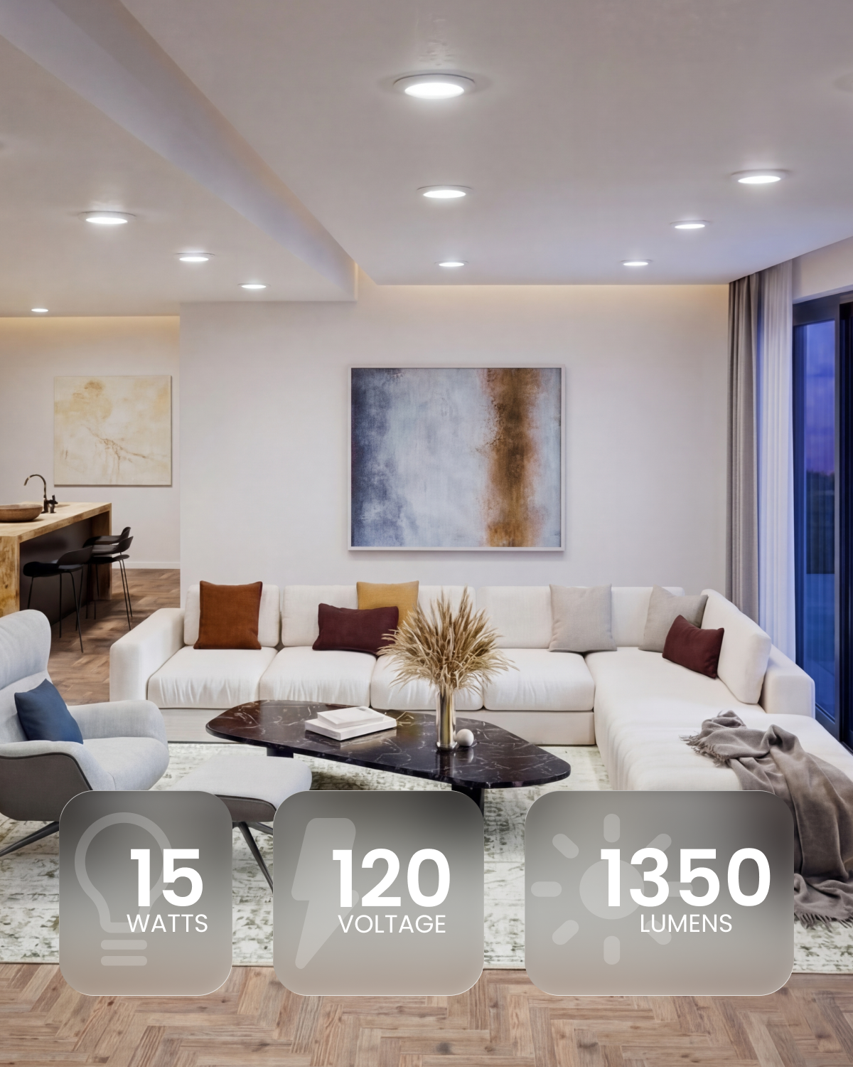 Bright kitchen ceiling with many disk lights. Overlay highlights 1050 lumens, 110 degree beam angle, and 15 wattage.