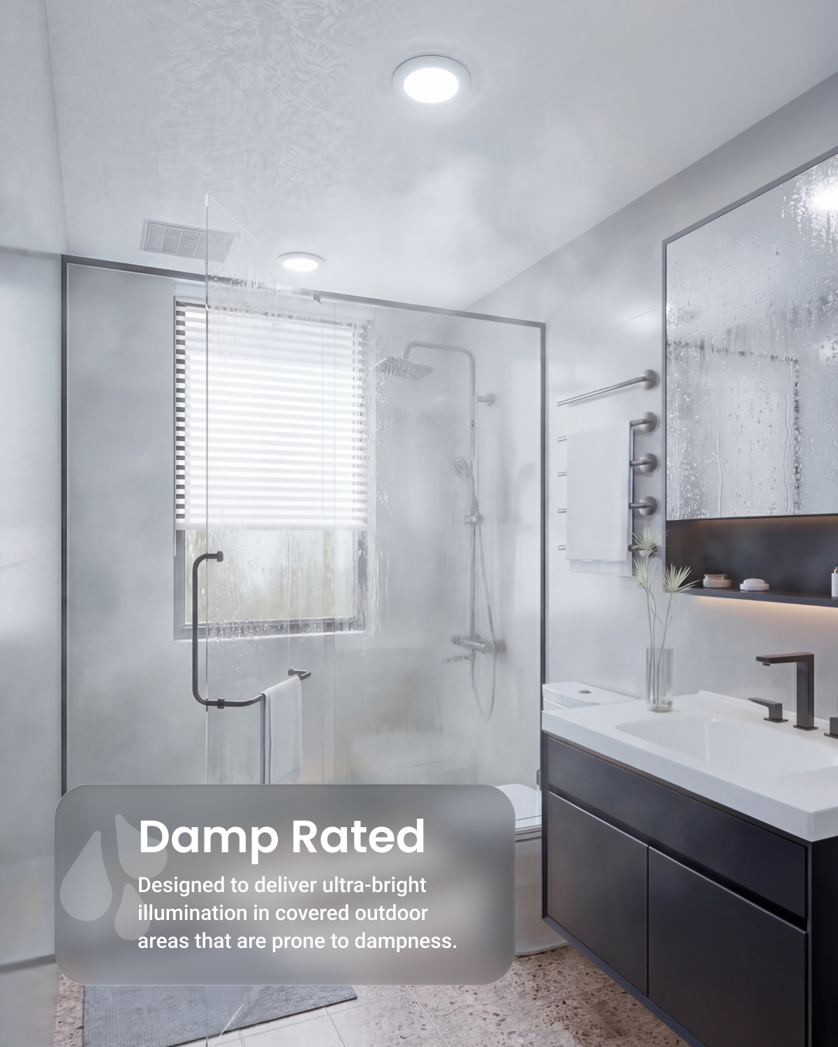 Kitchen background with large disk light overlay. Text calls out 7 year coverage, 45 years lifetime, reliable customer support, plus American company, Energy Star, ETL, FCC, and RoHS icons.